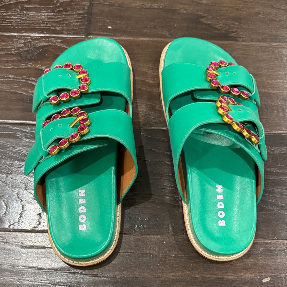Boden Vibrant Green Sandals with Pink Embellishments